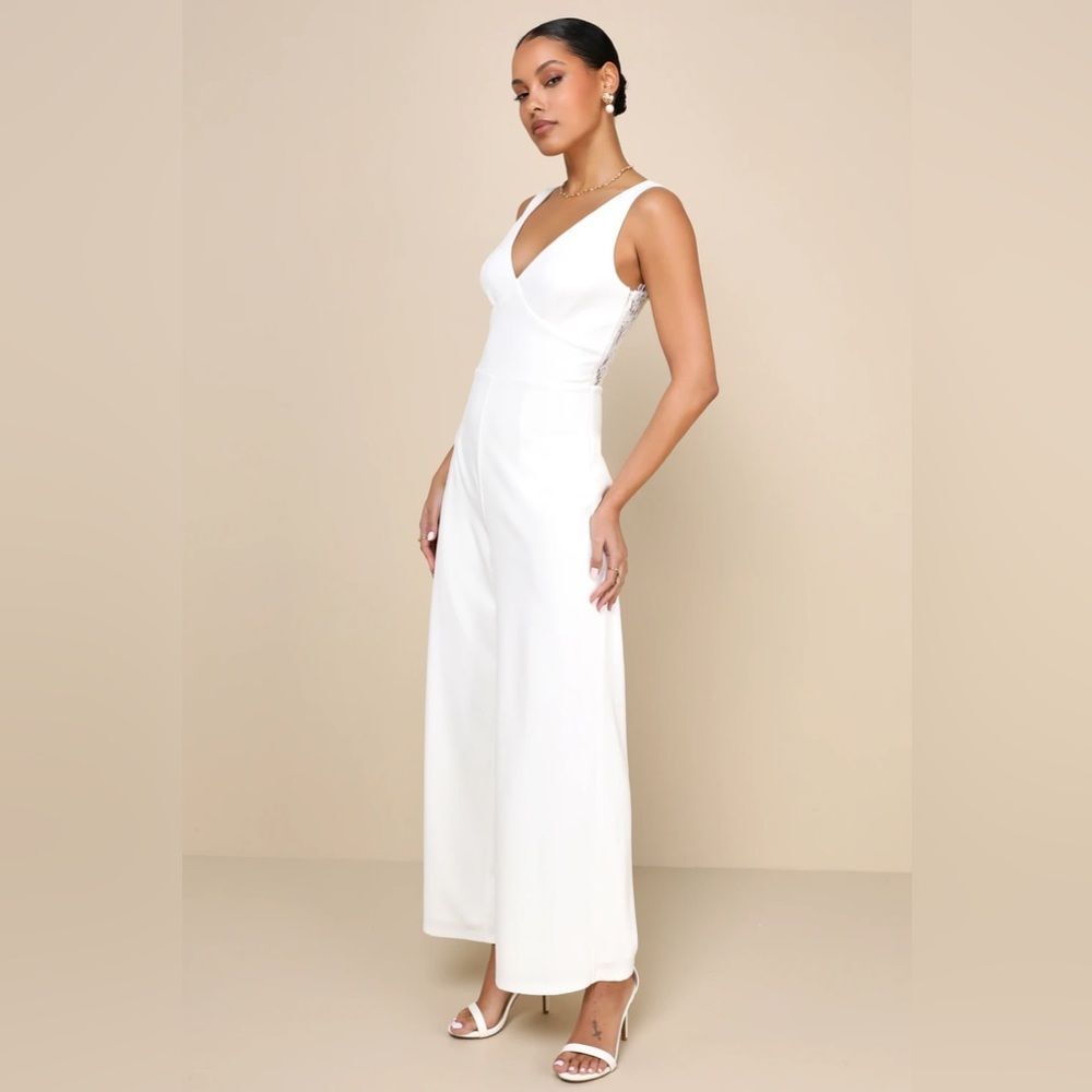 Lulus Sweet Eloquence White Lace Back Sleeveless Wide-Leg Jumpsuit - Picture 4 of 8